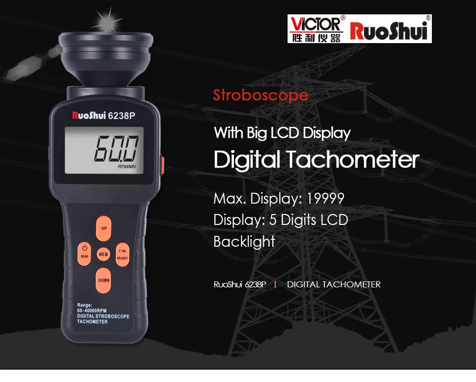 6238P Portable Large LCD Display Handheld Stroboscope Tachometer 64000 RPM Flash Tachometer