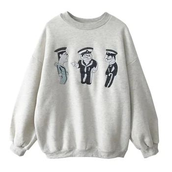 

New Spring Hoodies Women Harajuku Cartoon Embroidered Hoodies Loose Round Neck Long Sleeve Plus Fleece Pullover College Hoodies