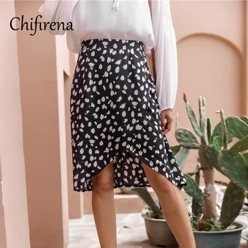 

Chifirena High Waist Print Sweet Cute Skirts Women Irregular Hem Wrap Summer Autumn Beach Boho Vacation Chiffon Skirts Female