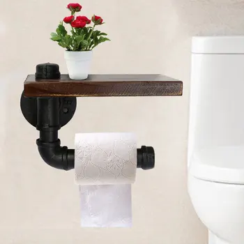 

Bathroom Shelves Industrial Retro Iron Toilet Paper Holder Bathroom Hotel Roll Paper Tissue Hanging Rack Wooden Shelf Holder