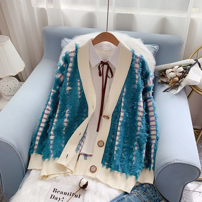 

EBAIHUI Sweater Women Single Breasted V Neck Korean Fashion Tassel Coat Knitting Streetwear Loose Female Cardigan Chic Jumper