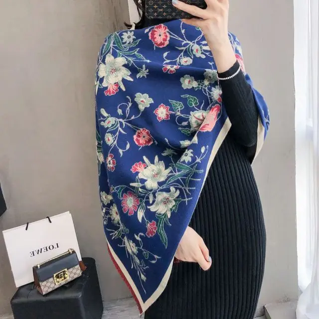 style 1 blue Шаль Роскошная Bufanda зимний женский цветочный матовый кашемировый шарф chal теплая шаль двухсторонняя большая Пашмина путешествия одеяло обертывания - Цвет: style 1 blue