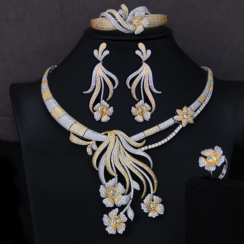 

missvikki Noble Bridal Wedding Luxury Fine Big Flower 4PCS Earrings Necklace Jewelry Set for Women Romantic Fashion Jewelry