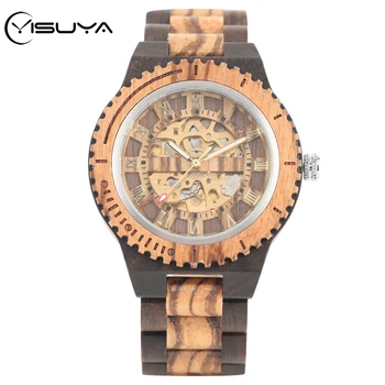 

YISUYA Automatic Mechanical Men Watch Wooden Watches Top Luxury Vintage Wood Watchband Self Winding Clock Male Timepieces reloj