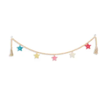 

Bohemia Handmade Woven Wood Bead Garland with Rattan Stars Nursery Decoration Farmhouse Wall Hanging Decor New Arrivals