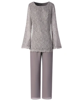 

SOLOVEDRESS Women 2 Two Pieces Fashion Lace Chiffon Mother of the Bride Dress Pant Suits with Long Sleeves Outfit Jacket SL-M12