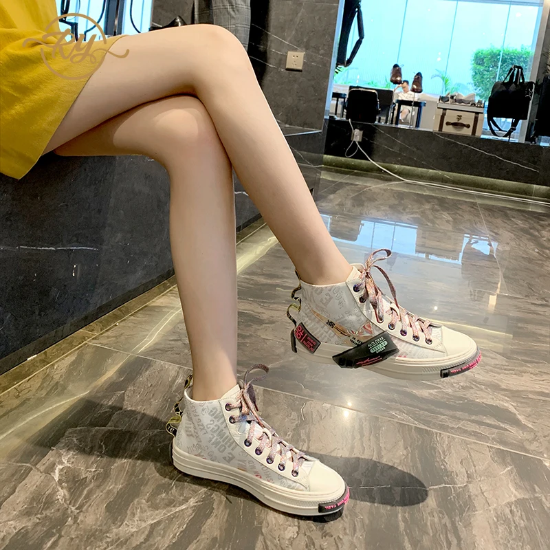 

RY-relaa fashion leather high shoes women 2019 new personality breathable canvas shoes retro cool shoes