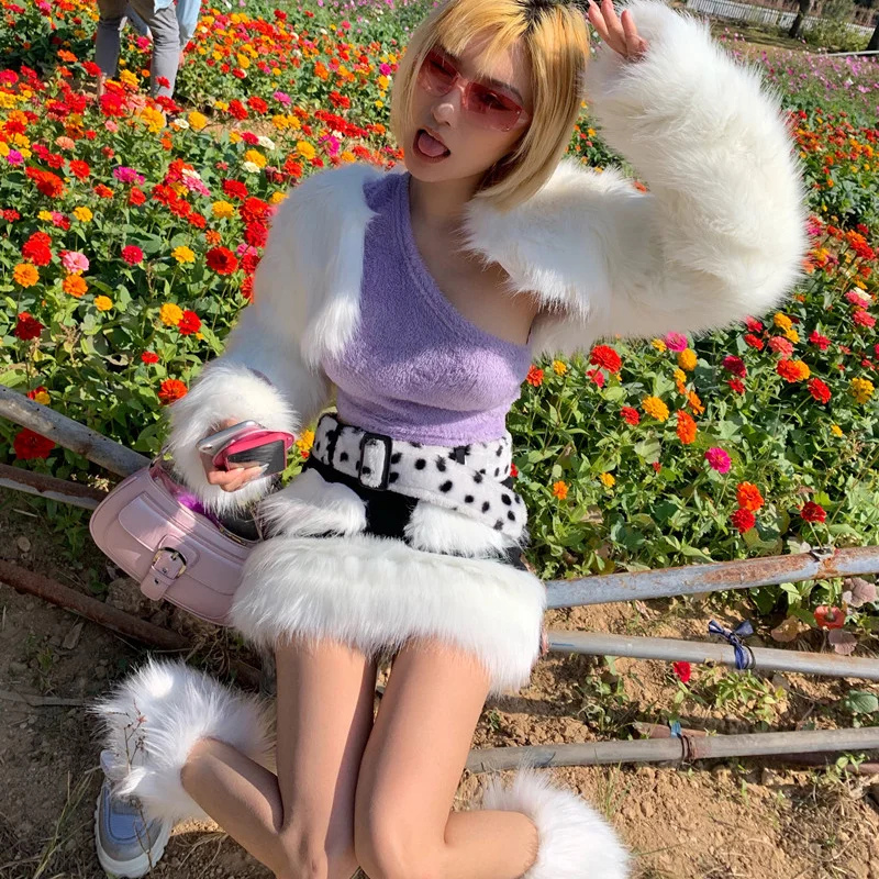 e Girl Furry fur Skirts Stitching sweet Faux Fur Mini Skirt Kawaii Harajuku Sweet Cute Women's Outfits Bottoms Skirt y2k Suits
