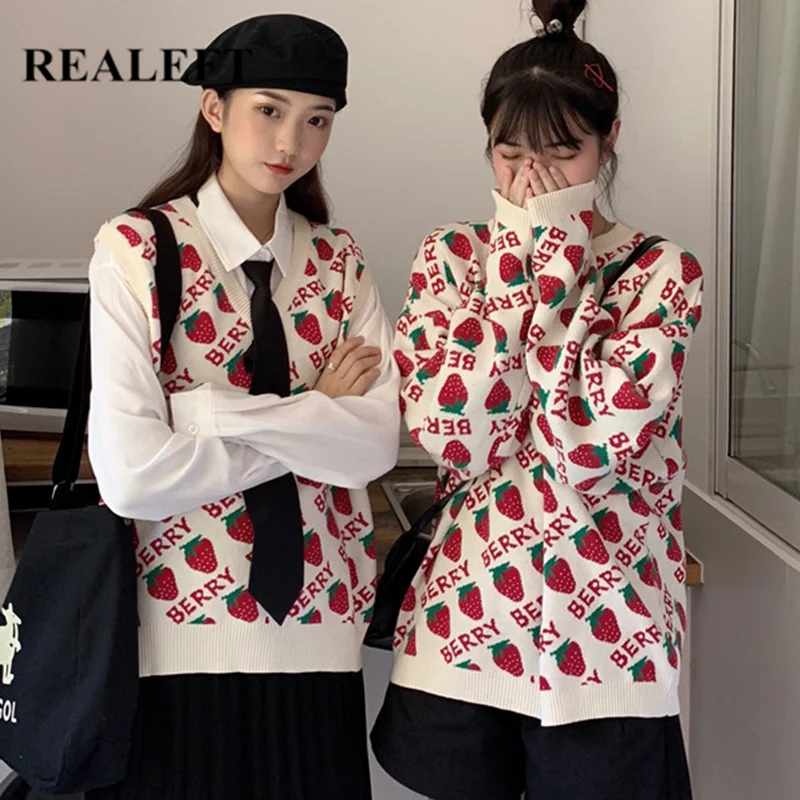 

REALEFT Autumn Winter Women's Sweaters Long Sleeve O-Neck Strawberry Print Fashionable Korean Style Knitting Casual Loose Tops