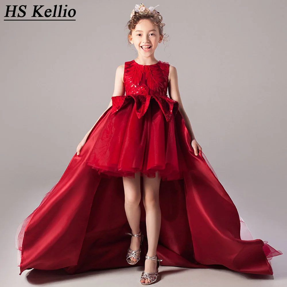 HS Kellio/платье с цветочным узором для девочек со шлейфом; бургундское свадебное платье; Детские Вечерние платья; Длина до пола