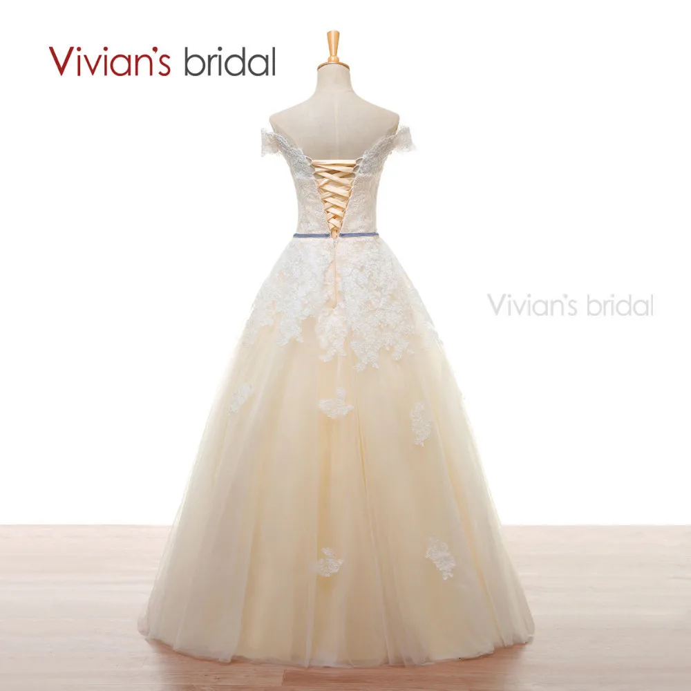 Boat Neck Champagne Wedding Dresses with White Lace (2)