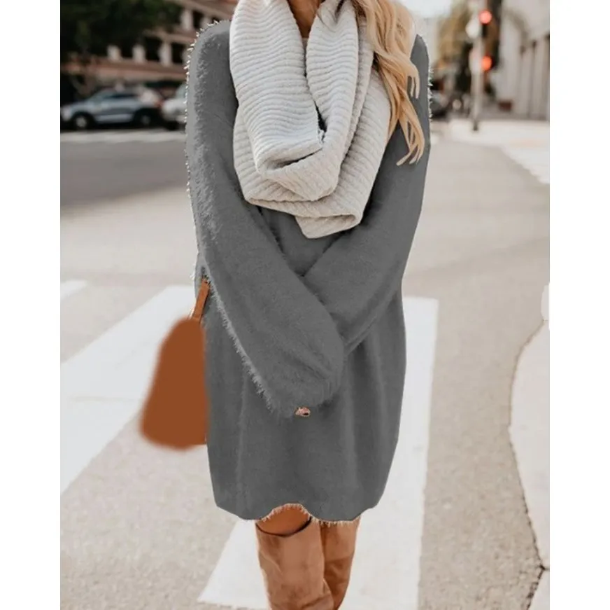 

Fashion Solid Color Midi Dress Casual O Neck Long Sleeve Plus Size Dress Women Loose Pullover Plush Dress