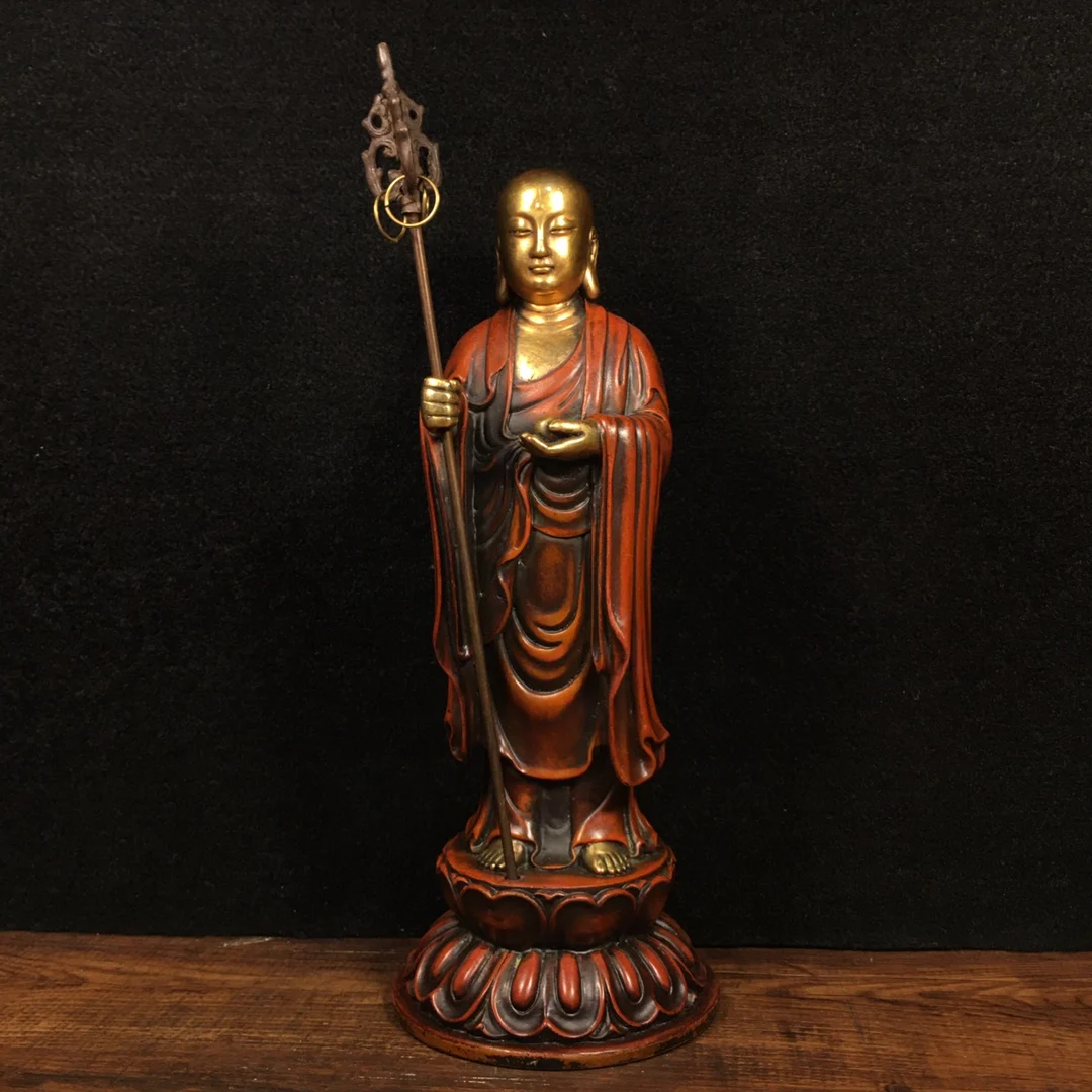 

10"Tibetan Temple Collection Old Bronze Gilt Real gold Silver Ksitigarbha Jizo Standing Buddha Worship Hall Town House
