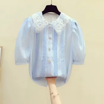 

2020 Summer New Korean Lace Doll Collar Puff Sleeve Rhinestone Buckle Organza Shirt Women's Casual Blouse Blusas Femme