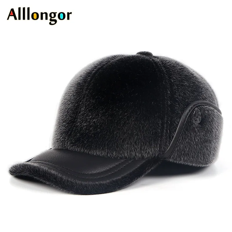 

New Arrival 2019 Winter Warm Ear Flaps Baseball Caps Men Faux Mink Fur Visor gorra hombre Male Outdoor Casqutte Black Dad Hats