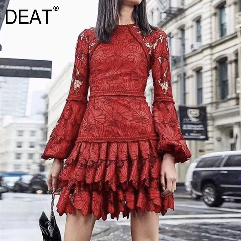 DEAT 2020 ronde hals volledige mouwen water kant borduurwerk trui ruches patchwork mini lengte jurk party vestido WK25803L DEAT 2020 ronde hals volledige mouwen water kant borduurwerk trui ruches patchwork mini lengte jurk party vestido WK25803L
