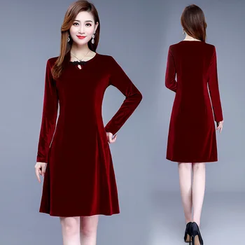 

Mother's gold velvet medium length long sleeve dress new middle-aged women's large size spring autumn one piece dress