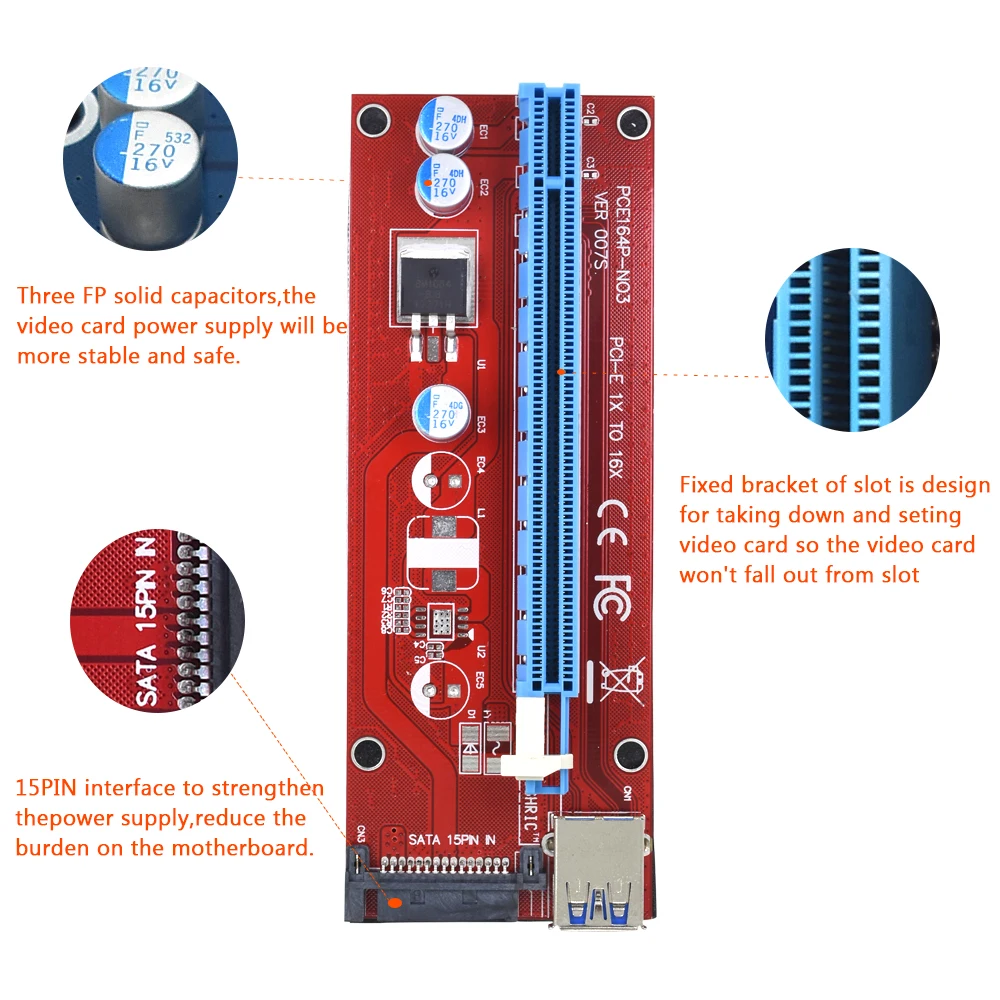 TISHRIC New Red VER007S PCI Express Riser Card 1x to 16x PCI-E extender 60cm USB 3.0 Cable 15Pin SATA for Mining Bitcoin Miner