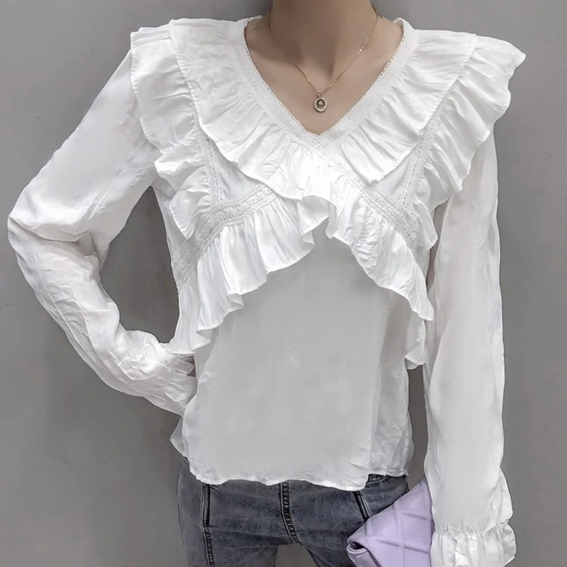 

Women T-shirt Long-Sleeve 2021 New Arrival Spring And Autumn Ruffle Princess Female T-shirt Korean Style Black White c73