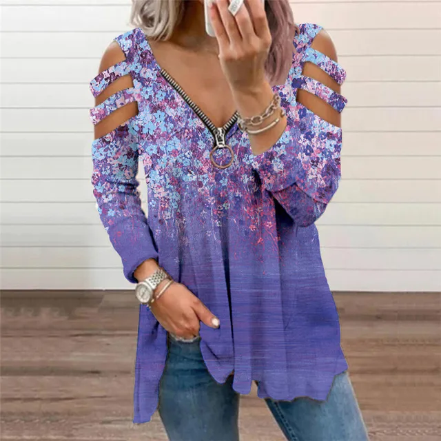 Women's Plus Size Tops Blouse Shirt Floral Cut Out Zipper Long Sleeve V Neck Streetwear Daily Going out Cotton Blend Spring Summer Blue White 5