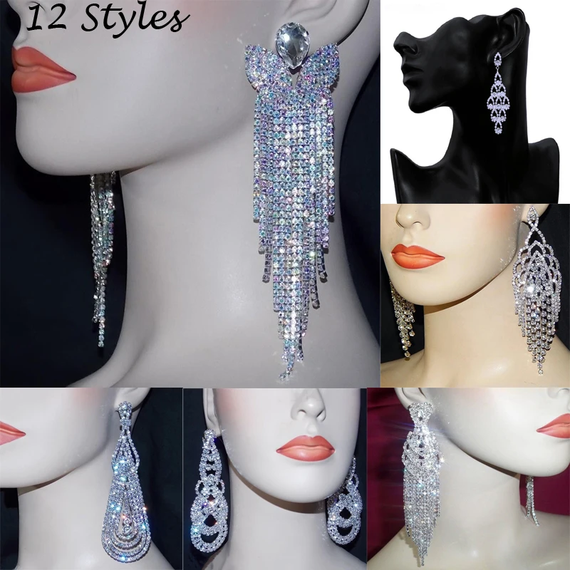 

Silver Tassel Long Dangle Earrings Clear Crystal Big Drop Earrings Women Wedding Bridal Crystal Earring Bride