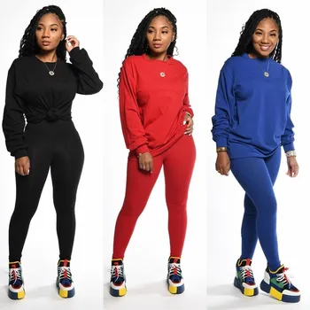

Casual Two Piece Set Long Sleeve Crop Tops Leggings Women Outfit Solid Color 2 Piece Outfits for Women Sweatsuit Tracksuits 2020