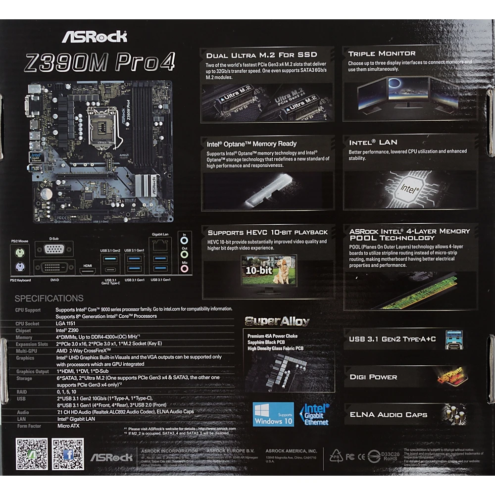 Материнская плата Asrock Z390M PRO4 Soc-1151v2 Intel Z390 4xDDR4 mATX AC`97 8ch(7.1) GbLAN RAID+VGA