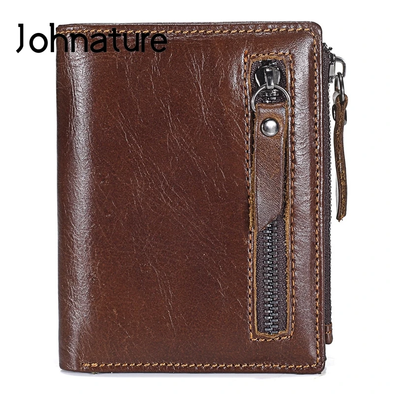 

Johnature Multi-card Genuine Leather Men Wallets 2019 New Casual Cowhide Coin Purse Double Zipper Small Wallet Male Short Purses