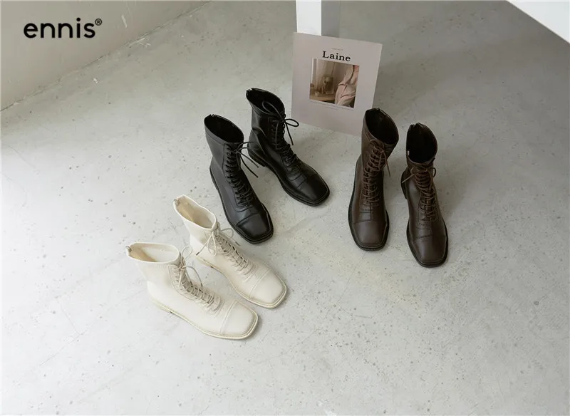 ENNIS/женские ботильоны на шнуровке; Ботинки martin из натуральной овечьей кожи; сезон осень-зима; растягивающиеся ботинки на низком каблуке; Белая обувь; A9381