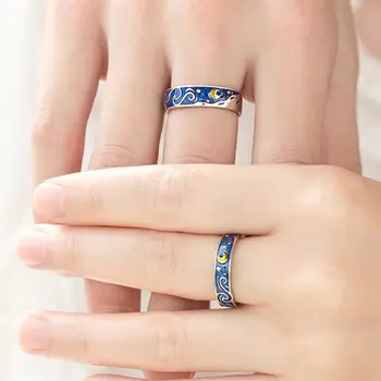 

S925 Plated Van Gogh Starry Sky Open Lover Rings Band Romantic Jewelry