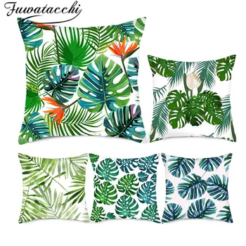 

Fuwatacchi Green Plant Cushion Cover Linen Leaf Printed Pillow Cover for Home Chair Sofa Decorative Throw Pillowcases 45x45 Cm