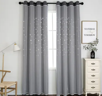 

Bedroom decorative curtain gray Stars moon Hollow yarn Double blackout curtains customize living room 90% shading curtain