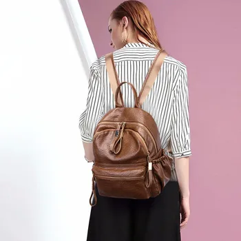

Korean Fashion Simple Backpack Pu Soft Leather Backpack New Solid Color Women's Bag