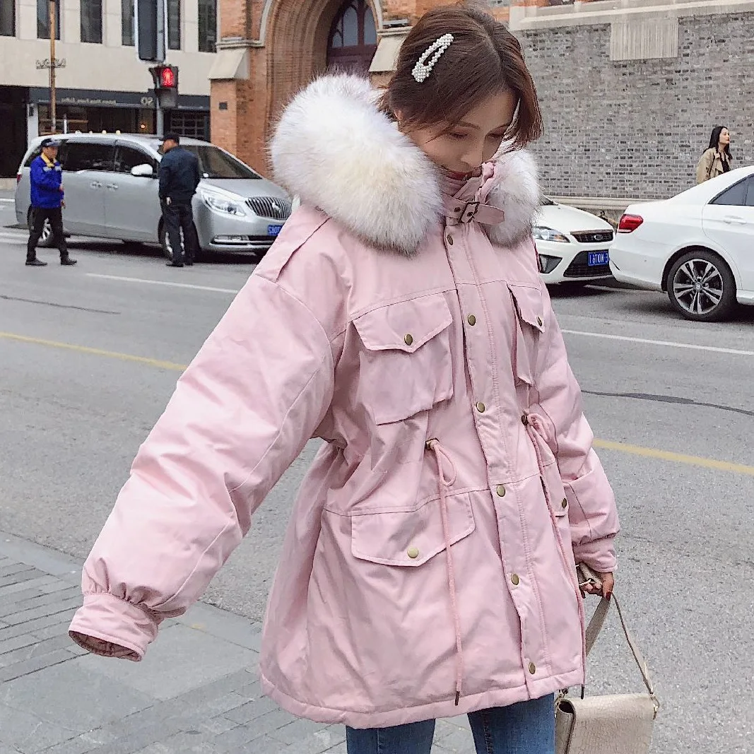 

Photo Shoot INS Multi-pockets Hooded Model Large Fur Collar Cotton-padded Clothes Sweet Mid-length Drawstring Waist Hugging Work