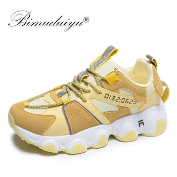 

BIMUDUIYU Women Casual Shoes PU Leather Dad Platform Chunky Sneakers Flat Fashion Vulcanized Shoes Basket Walking Ladies Shoes