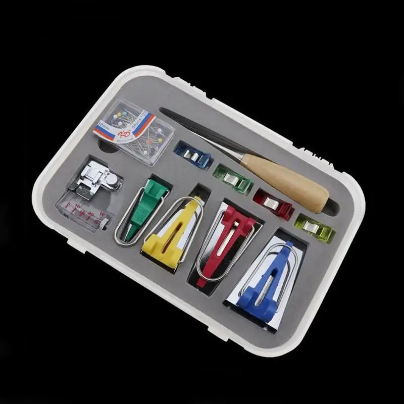 

12 Pcs/Set Fabric Bias Binding Tape Maker Kit Binder Foot Wooden Awl Clips Pins Household DIY Sewing Quilting Tool Set