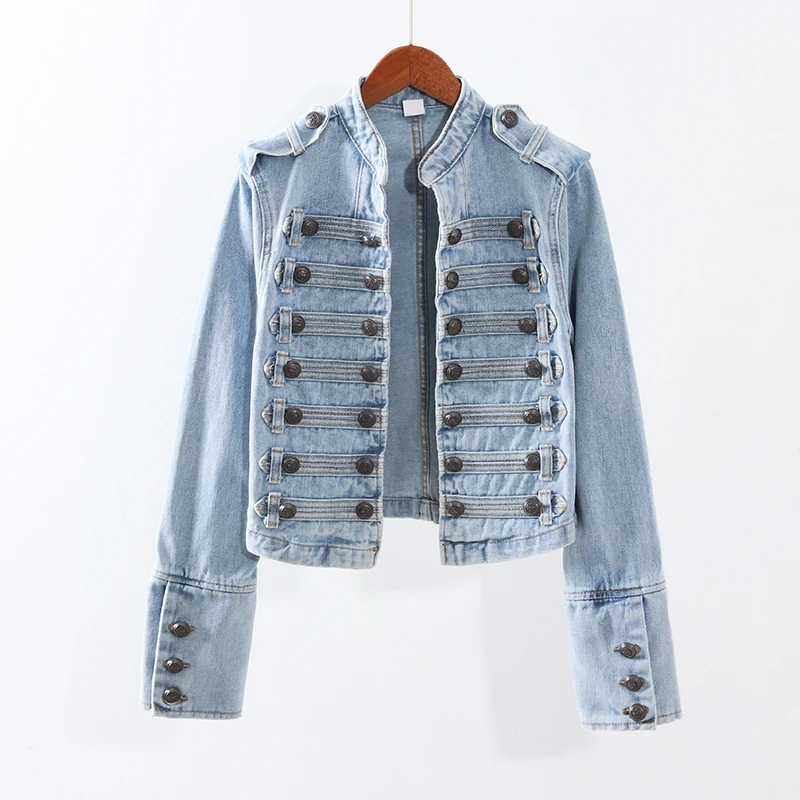 

2020 Autumn Vintage European style Handsome Stand collar Denim jacket Women Double-breasted Slim Short Jeans coat Female Outwear