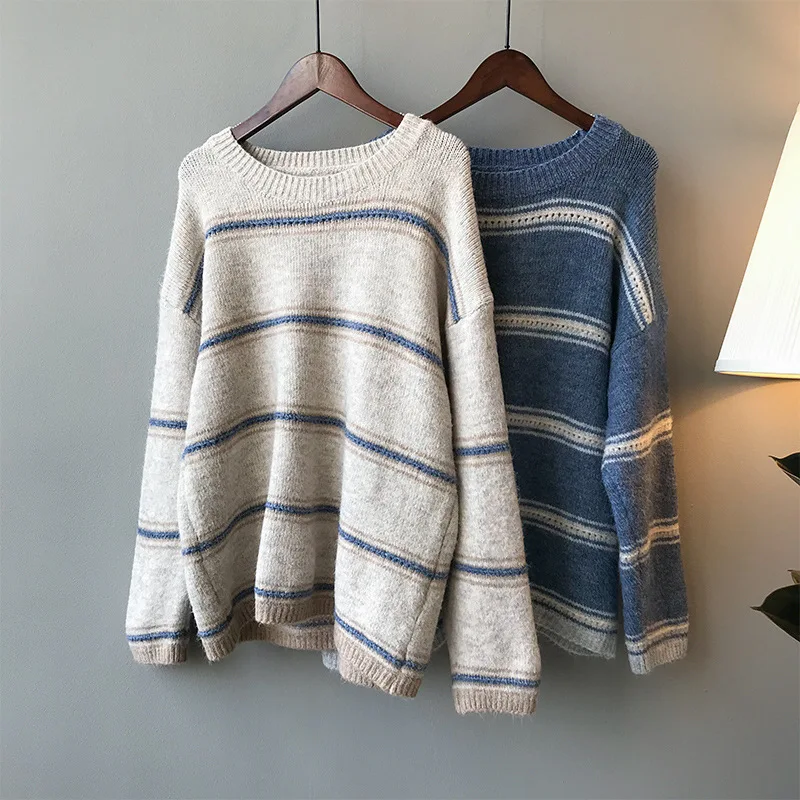Autumn and winter sweater women new Korean long-sleeved striped sweater knit sleeves sweaters loose round neck women sweater