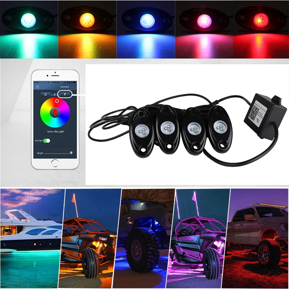 

1 комплект RGB LED Rock Light s с Bluetooth-контроллером Функция таймера музыкальный режим 4 подсветки набор разноцветных неоновых светодиодных ламп