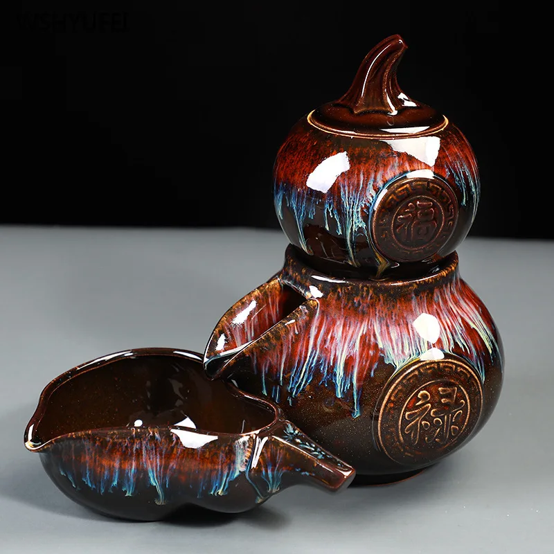 9Pcs Jianye Tianmu kiln enamel sand gold glaze dish teapot rotating water storage tea ceremony accessories ceramic tea set