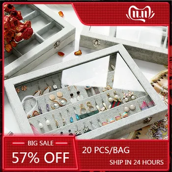 

Flannel Jewelry Box Cabinet with Lock Gray Soft Velvet Earring Necklace Pendant Bracelet Tray Boxes Drawer Storage Organizer