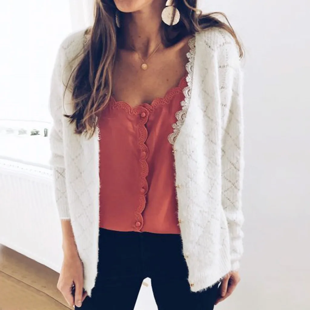 Pull femme nouveaute женский Одноцветный свитер с длинными рукавами и кружевным воротником из флиса с v-образным вырезом и пуговицами