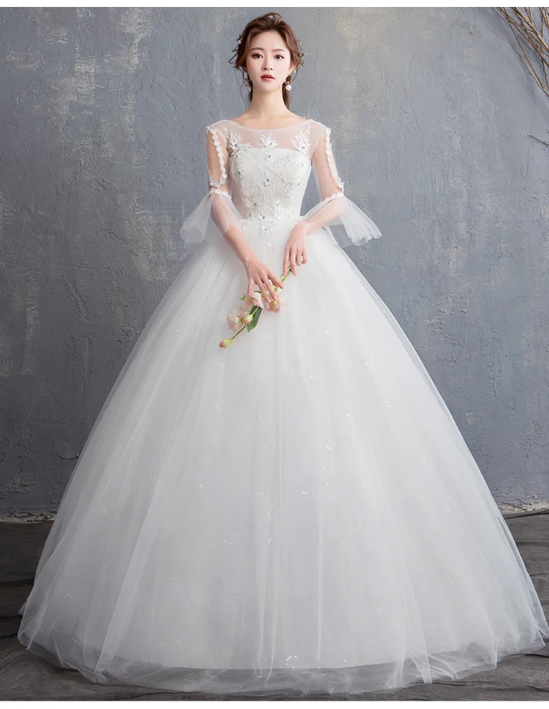 Vestido De Noiva/2019, платье с круглым вырезом и коротким рукавом, свадебное платье, бальное платье без бретелек, кружевное элегантное женское