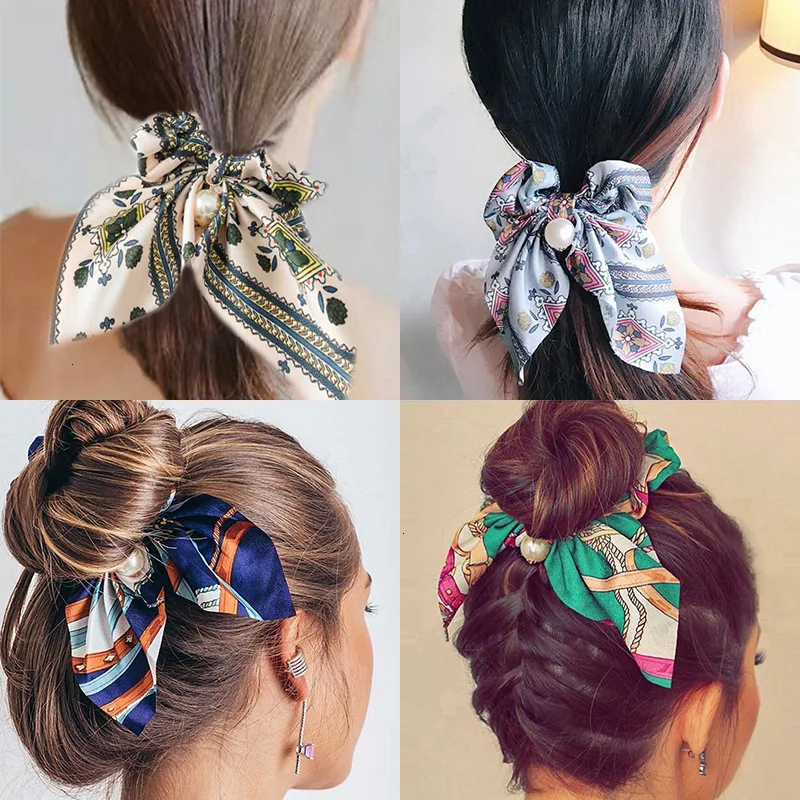

Chiffon Bowknot Rubber Band Pearl Ponytail Holder Elastic Hair Tie Hair Rope Women Ribbon Print Hair Scrunchies Hair Accessories