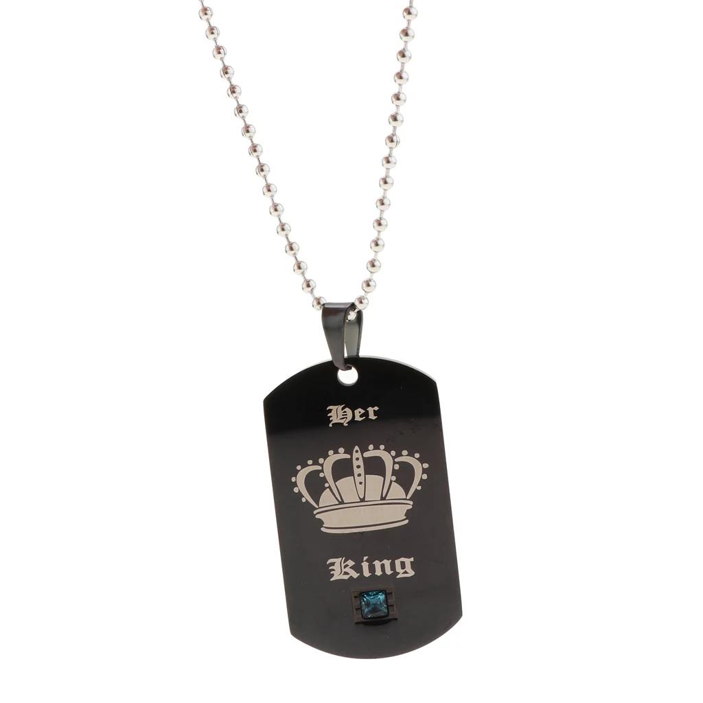 Black Stainless Steel Tag with Crown Couple His Queen Her King Pendant Ball Chain Necklace