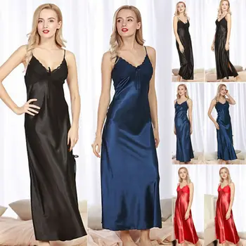 

Fashion Ladies Women Solid Sleeveless Satin Long Nightdress Silk Lace Lingerie Nightgown Sleepwear Dress