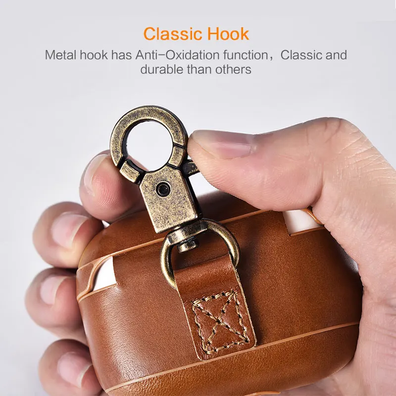 Capa de Couro Genuíno para Airpods Couro de Vaca Case para Airpods Luxo Retro Protetora Dura Armadura Gancho 3 Fone Ouvido Case Pro - Image 3
