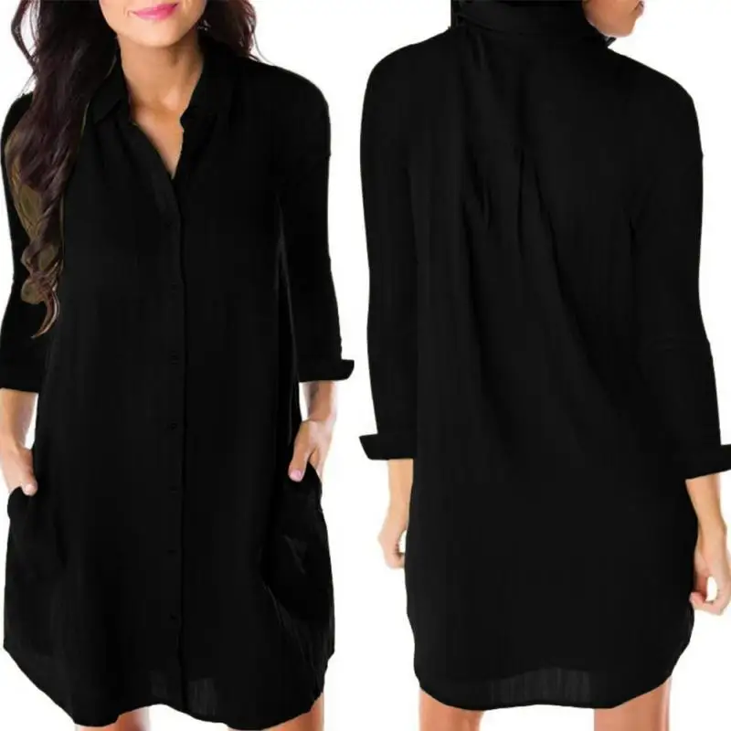 

Party Loose Pocket Turn Down Collar Women Dress Button Down Autumn Beach Travel Fashion Long Sleeve Casual Home Knee Length