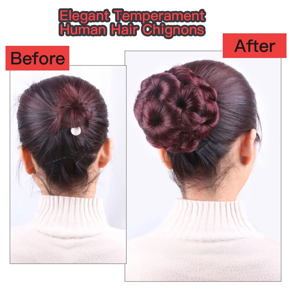 SalonChat волосы remy женские вьющиеся шиньон волосы булочка пончик на клипсах накладные человеческие волосы шиньон 99дж темно-коричневый черный