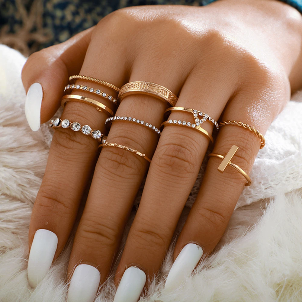 Juego de anillos de dedo con letra I para mujer, conjunto de anillos con apertura de nudillos de oro cristal, joyería para la oreja, accesorios, unids/lote|Anillos| - AliExpress